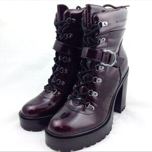 💖 GBG Los Angeles Sellur Platform Block Heel Booties Shiny Burgundy 8.5 💖